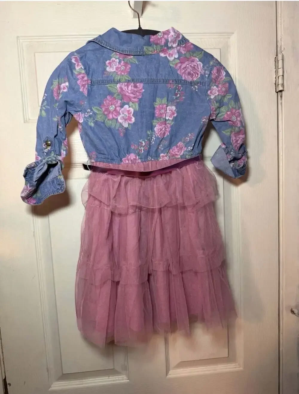 Pink & Violet Girls Floral Print Denim Bodice Tulle Tutu Dress w/ Metallic Belt
